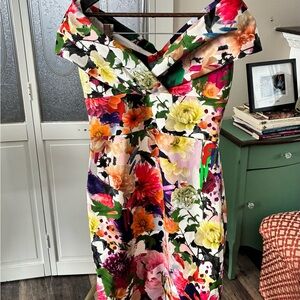 Vibrant Floral Cross-Neck Midi Dress